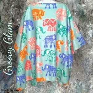 GROOVY GLAM Green Handmade Multicolored Elephant Print Fleece Poncho